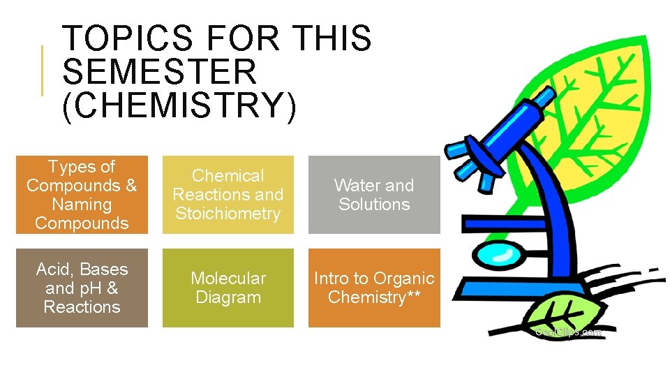 TOPICS FOR THIS SEMESTER (CHEMISTRY) Types of Compounds & Naming Compounds Chemical Reactions and
