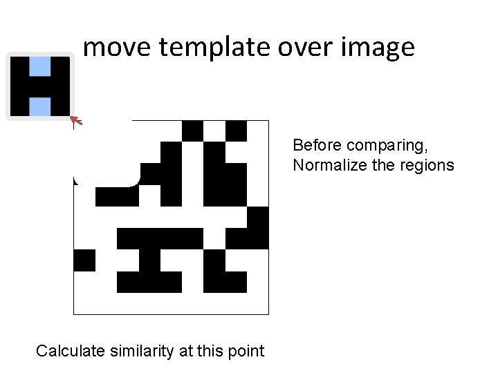 move template over image Before comparing, Normalize the regions Calculate similarity at this point