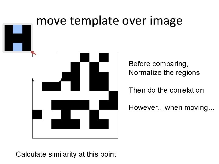 move template over image Before comparing, Normalize the regions Then do the correlation However…when