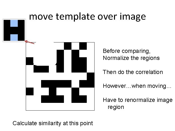 move template over image Before comparing, Normalize the regions Then do the correlation However…when