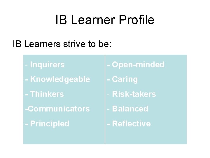 IB Learner Profile IB Learners strive to be: - Inquirers - Open-minded - Knowledgeable