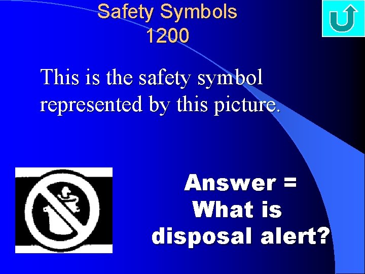 Safety Symbols 1200 This is the safety symbol represented by this picture. Answer =