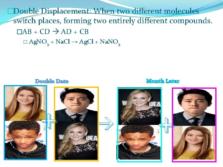 �Double Displacement: When two different molecules switch places, forming two entirely different compounds. �AB