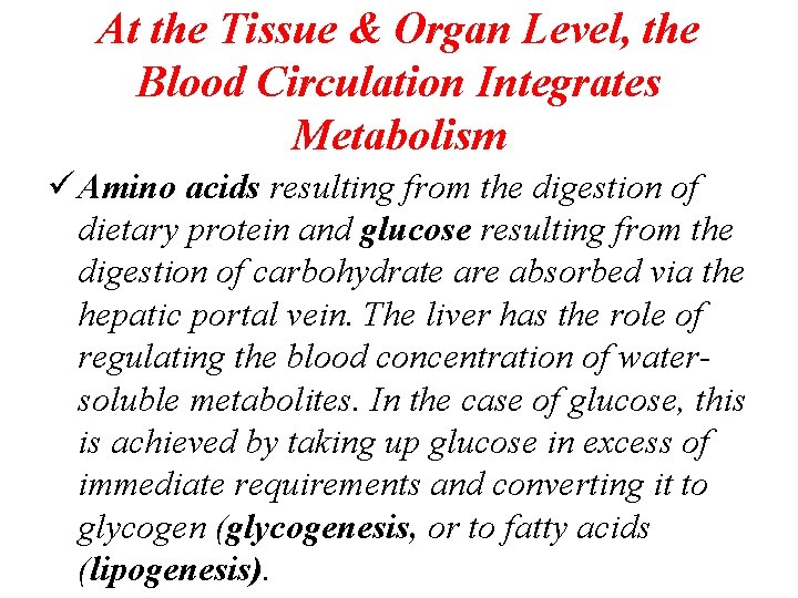 At the Tissue & Organ Level, the Blood Circulation Integrates Metabolism ü Amino acids