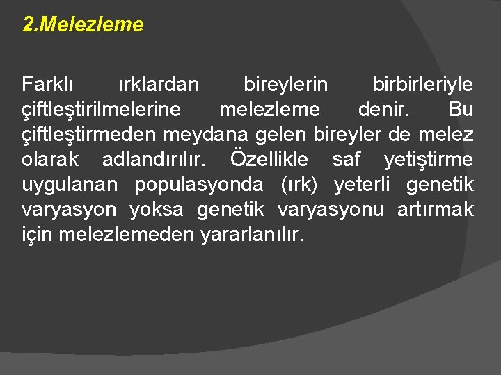 2. Melezleme Farklı ırklardan bireylerin birbirleriyle çiftleştirilmelerine melezleme denir. Bu çiftleştirmeden meydana gelen bireyler