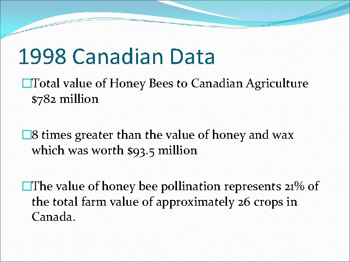 1998 Canadian Data �Total value of Honey Bees to Canadian Agriculture $782 million �