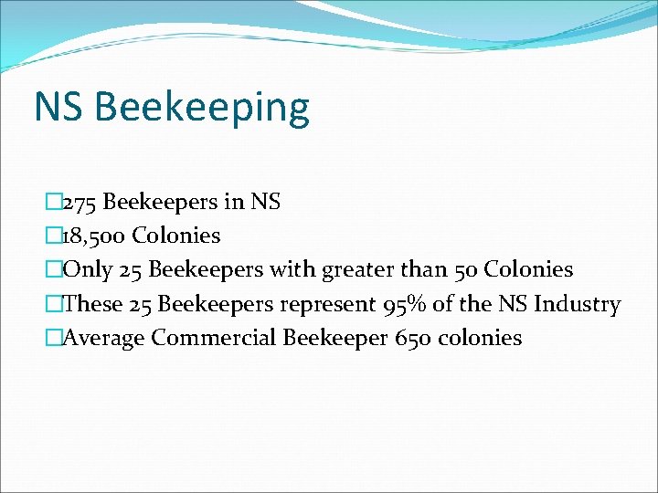 NS Beekeeping � 275 Beekeepers in NS � 18, 500 Colonies �Only 25 Beekeepers