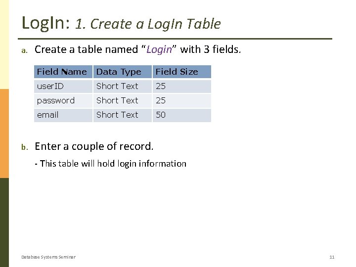 Log. In: 1. Create a Log. In Table a. b. Create a table named Log. In: 1. Create a Log. In Table a. b. Create a table named