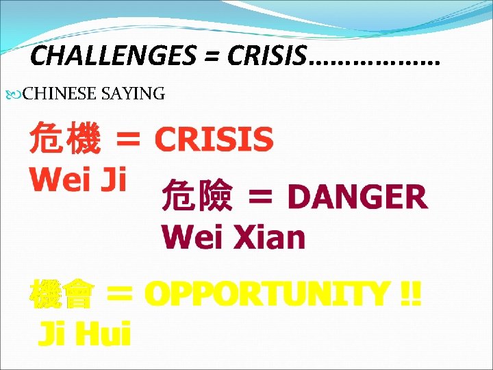 CHALLENGES = CRISIS……………… CHINESE SAYING 