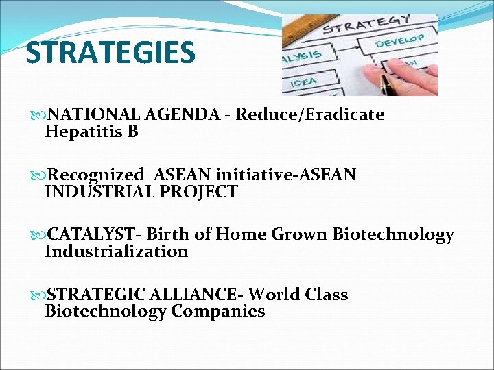 STRATEGIES NATIONAL AGENDA - Reduce/Eradicate Hepatitis B Recognized ASEAN initiative-ASEAN INDUSTRIAL PROJECT CATALYST- Birth