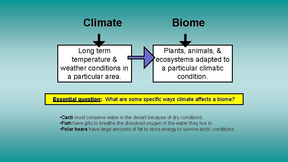 Climate Long term temperature & weather conditions in a particular area. Biome Plants, animals,