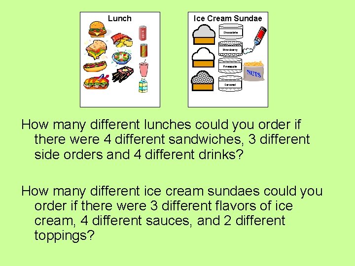 Lunch Ice Cream Sundae Chocolate Strawberry Pineapple Caramel How many different lunches could you