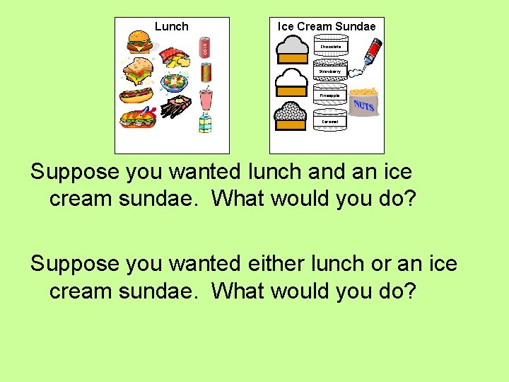 Lunch Ice Cream Sundae Chocolate Strawberry Pineapple Caramel Suppose you wanted lunch and an