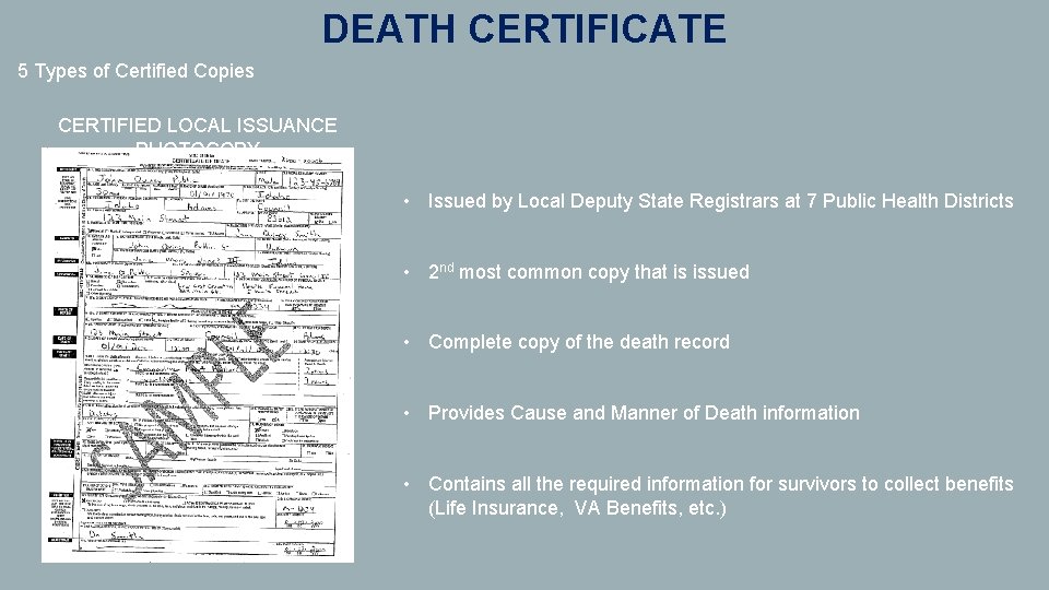 DEATH CERTIFICATE 5 Types of Certified Copies CERTIFIED LOCAL ISSUANCE PHOTOCOPY • Issued by