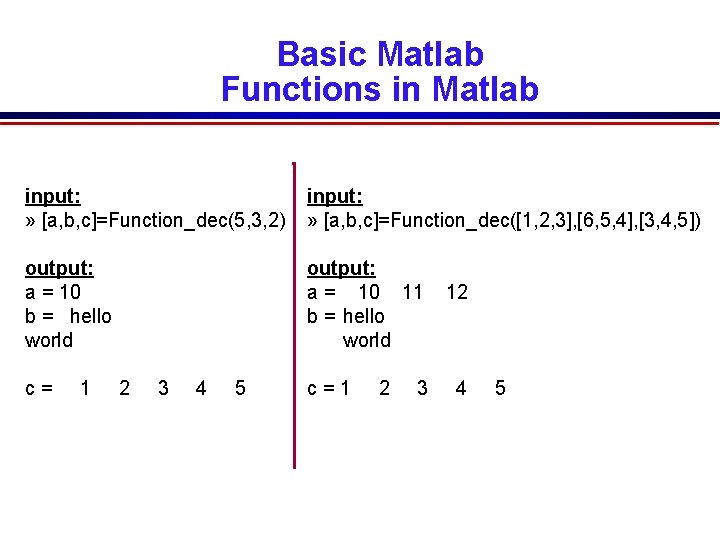 Basic Matlab Functions in Matlab input: » [a, b, c]=Function_dec(5, 3, 2) input: »