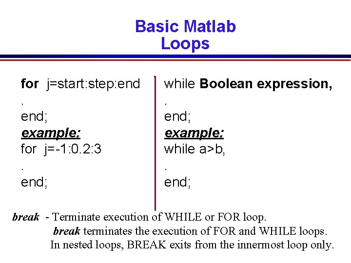 Basic Matlab Loops for j=start: step: end; example: for j=-1: 0. 2: 3. end; Basic Matlab Loops for j=start: step: end; example: for j=-1: 0. 2: 3. end;