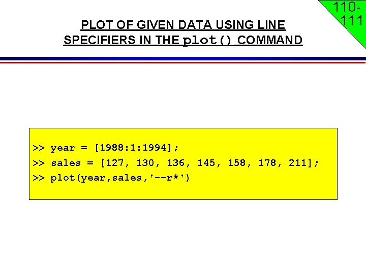 PLOT OF GIVEN DATA USING LINE SPECIFIERS IN THE plot() COMMAND >> year = PLOT OF GIVEN DATA USING LINE SPECIFIERS IN THE plot() COMMAND >> year =