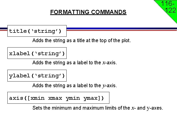 FORMATTING COMMANDS 116122 title(‘string’) Adds the string as a title at the top of FORMATTING COMMANDS 116122 title(‘string’) Adds the string as a title at the top of