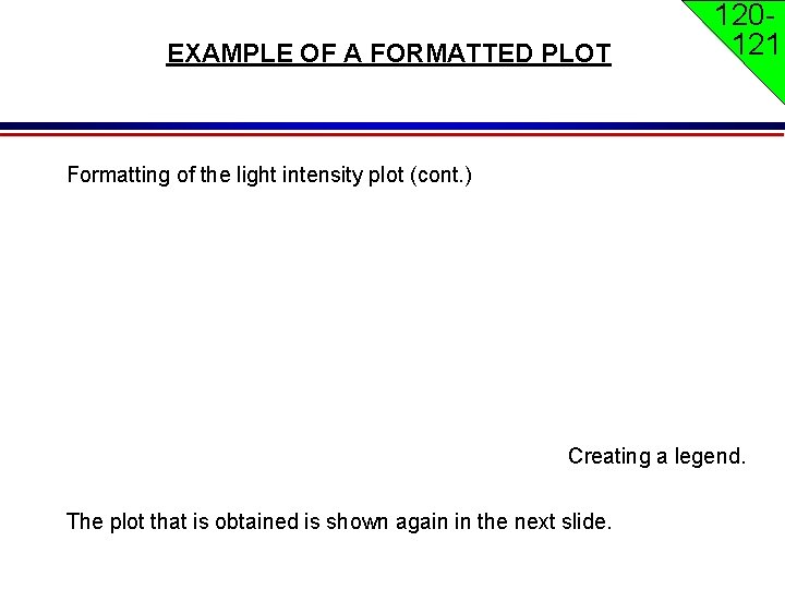 EXAMPLE OF A FORMATTED PLOT 120121 Formatting of the light intensity plot (cont. ) EXAMPLE OF A FORMATTED PLOT 120121 Formatting of the light intensity plot (cont. )