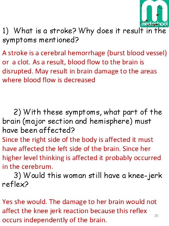 1) What is a stroke? Why does it result in the symptoms mentioned? A