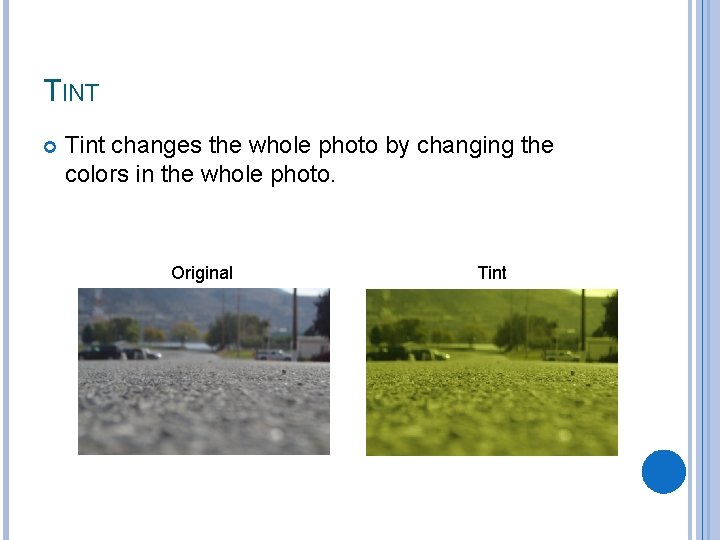 TINT Tint changes the whole photo by changing the colors in the whole photo.