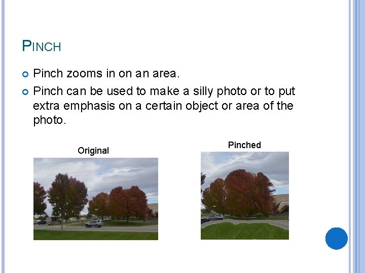PINCH Pinch zooms in on an area. Pinch can be used to make a