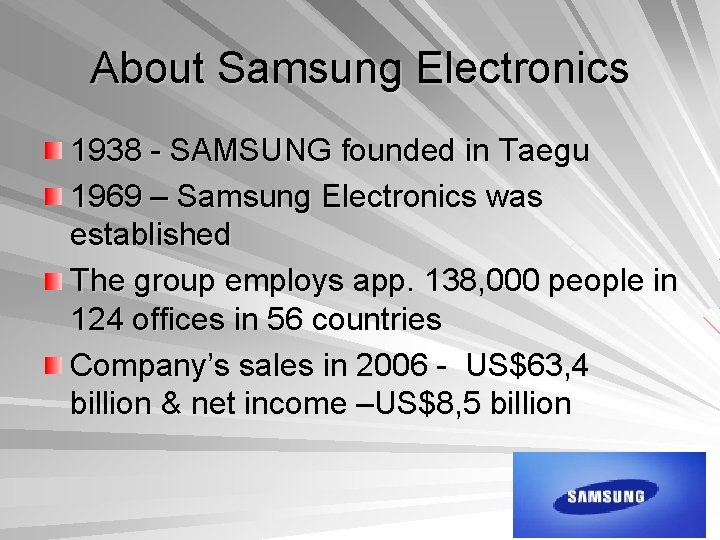 About Samsung Electronics 1938 - SAMSUNG founded in Taegu 1969 – Samsung Electronics was