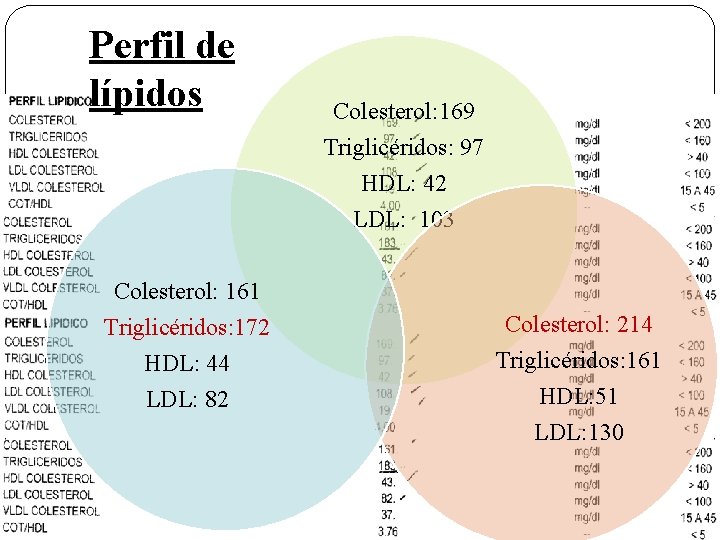 Perfil de lípidos Colesterol: 169 Triglicéridos: 97 HDL: 42 LDL: 103 Colesterol: 161 Triglicéridos: