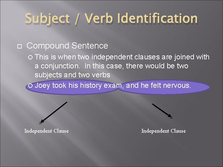 Subject / Verb Identification Compound Sentence This is when two independent clauses are joined