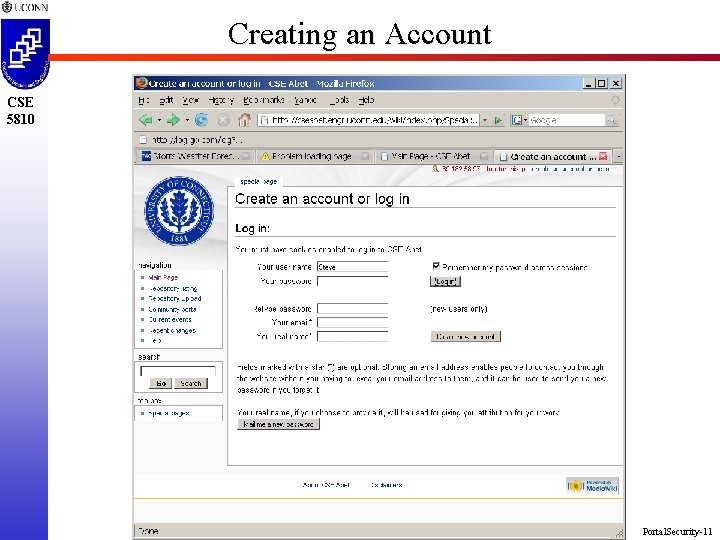 Creating an Account CSE 5810 Portal. Security-11 