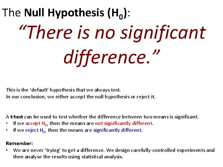 The Null Hypothesis (H 0): “There is no significant difference. ” This is the