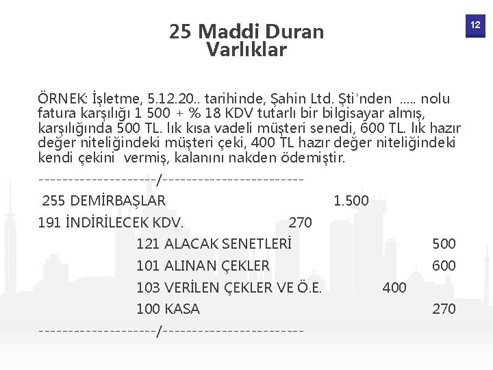 25 Maddi Duran Varlıklar 12 ÖRNEK: İşletme, 5. 12. 20. . tarihinde, Şahin Ltd.