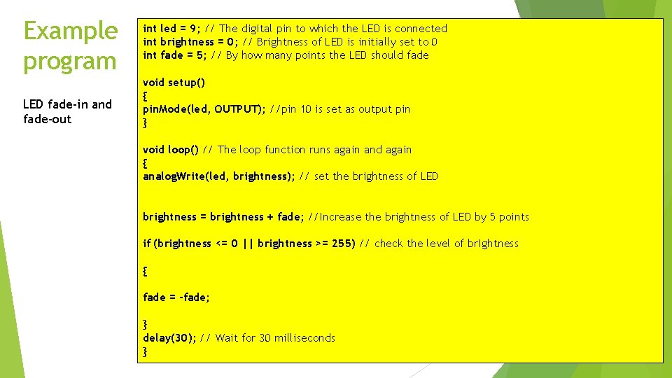 Example program LED fade-in and fade-out int led = 9; // The digital pin Example program LED fade-in and fade-out int led = 9; // The digital pin