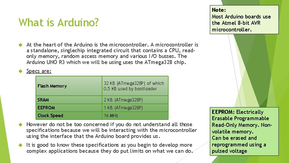 Note: Most Arduino boards use the Atmel 8 -bit AVR microcontroller. What is Arduino? Note: Most Arduino boards use the Atmel 8 -bit AVR microcontroller. What is Arduino?