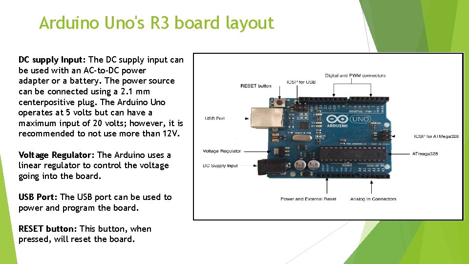 Arduino Uno's R 3 board layout DC supply Input: The DC supply input can Arduino Uno's R 3 board layout DC supply Input: The DC supply input can