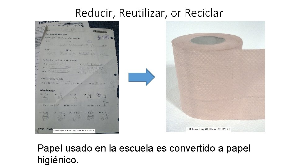 Reducir, Reutilizar, or Reciclar Papel usado en la escuela es convertido a papel higiénico.