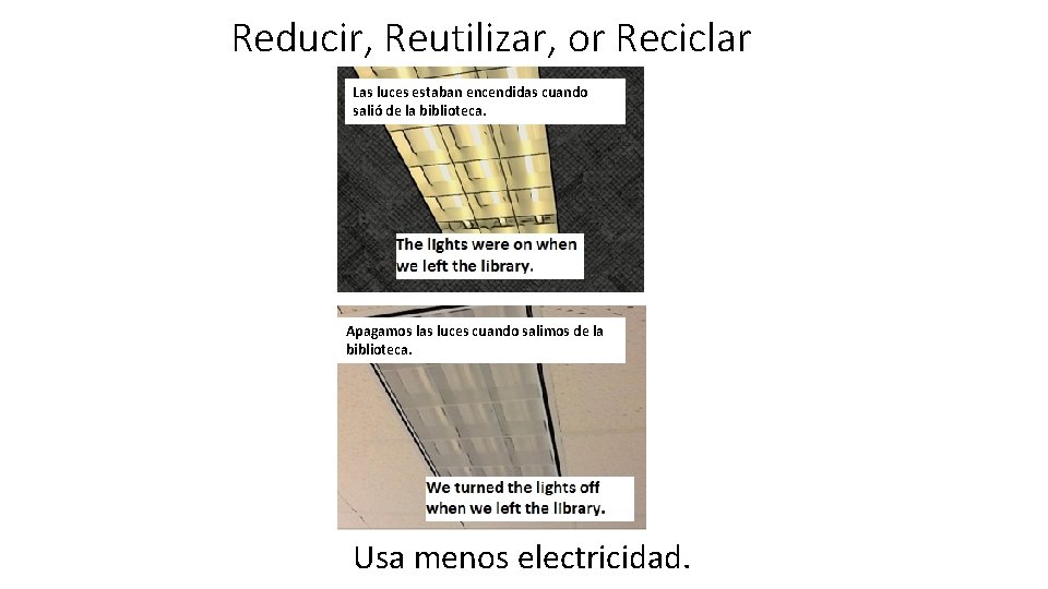 Reducir, Reutilizar, or Reciclar Las luces estaban encendidas cuando salió de la biblioteca. Apagamos