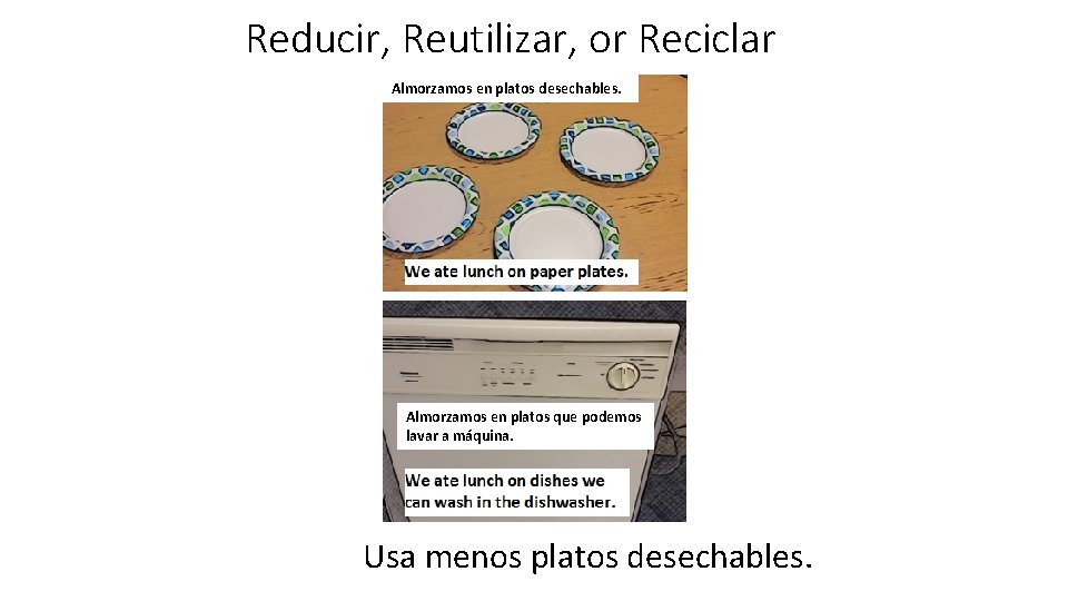 Reducir, Reutilizar, or Reciclar Almorzamos en platos desechables. Almorzamos en platos que podemos lavar