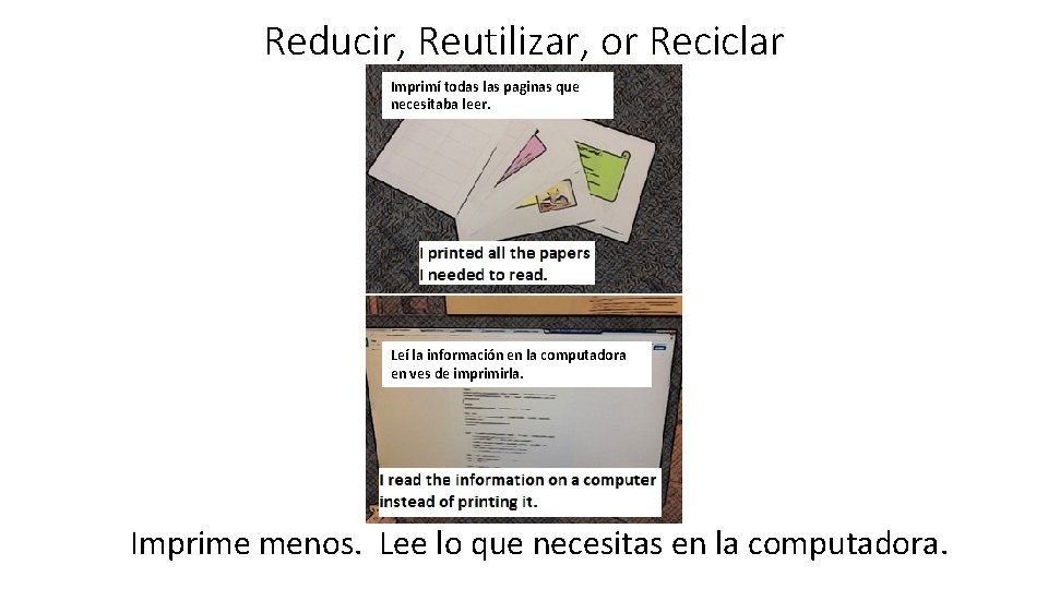 Reducir, Reutilizar, or Reciclar Imprimí todas las paginas que necesitaba leer. Leí la información