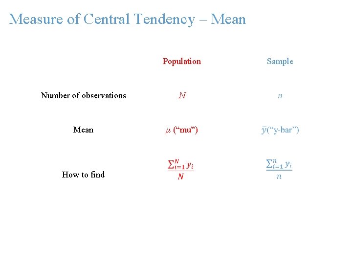 Measure of Central Tendency – Mean Population Sample Number of observations N n Mean