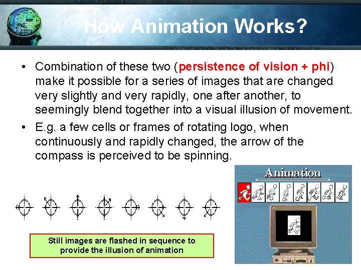 How Animation Works? • Combination of these two (persistence of vision + phi) make