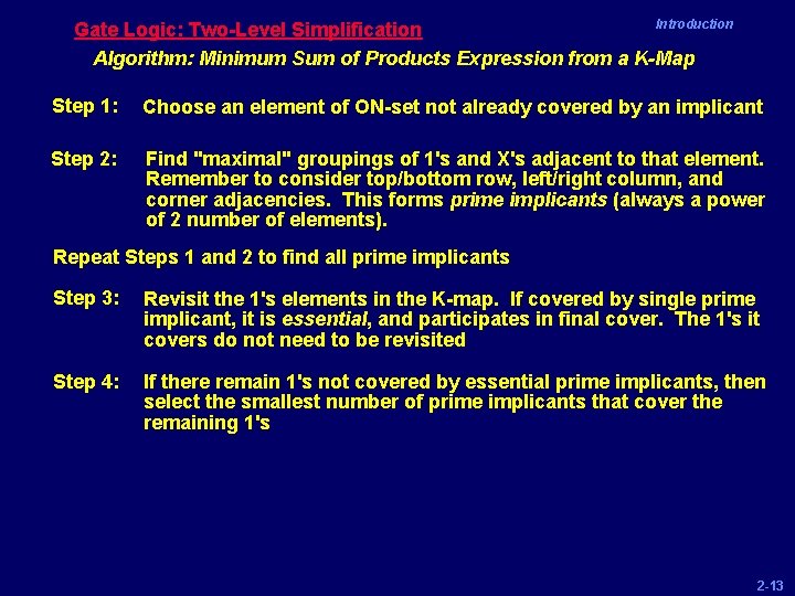 Introduction Gate Logic: Two-Level Simplification Algorithm: Minimum Sum of Products Expression from a K-Map