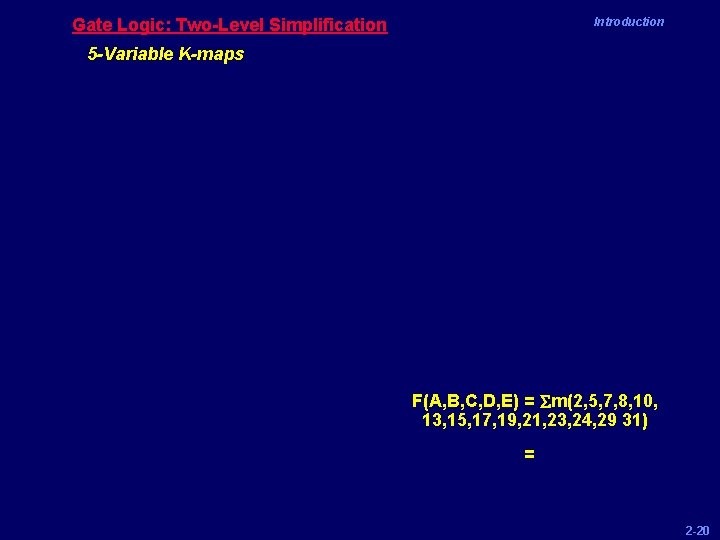 Gate Logic: Two-Level Simplification Introduction 5 -Variable K-maps F(A, B, C, D, E) =