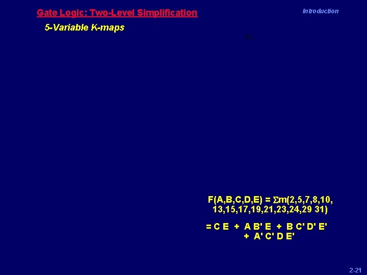 Gate Logic: Two-Level Simplification Introduction 5 -Variable K-maps BC F(A, B, C, D, E)