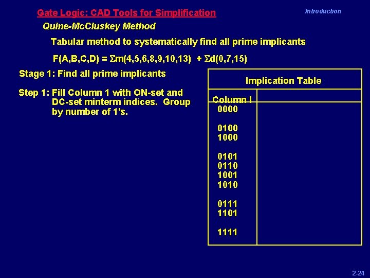 Gate Logic: CAD Tools for Simplification Quine-Mc. Cluskey Method Introduction Tabular method to systematically