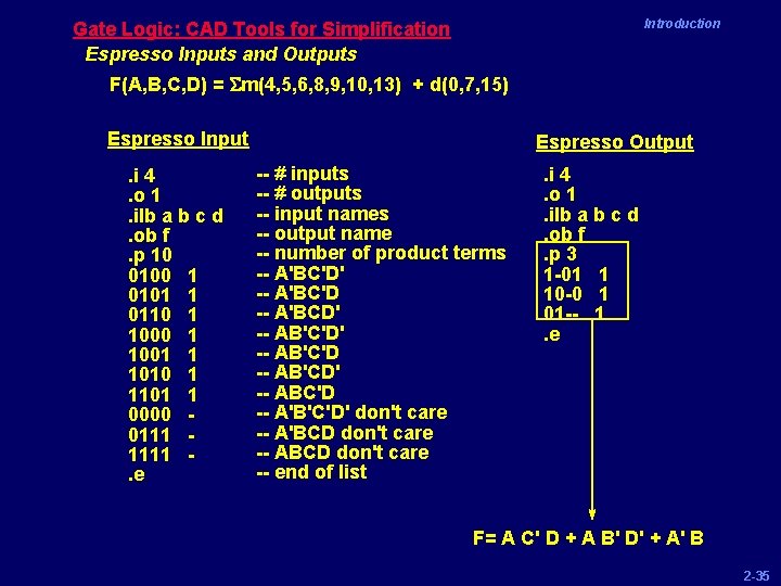 Introduction Gate Logic: CAD Tools for Simplification Espresso Inputs and Outputs F(A, B, C,