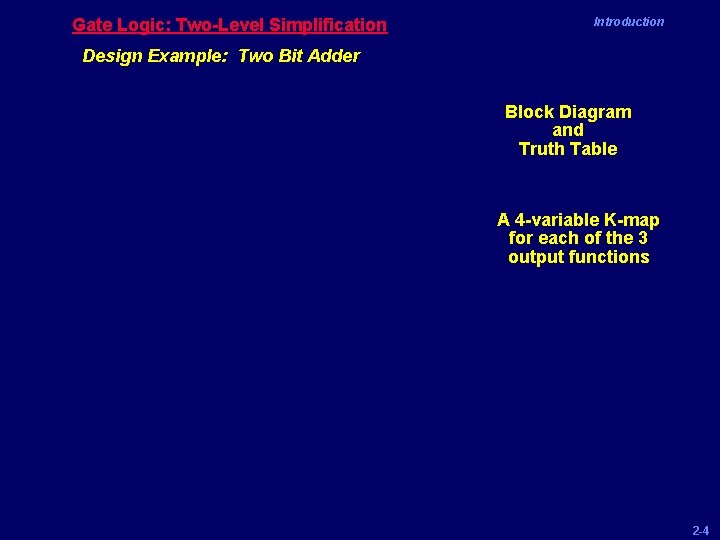 Gate Logic: Two-Level Simplification Introduction Design Example: Two Bit Adder Block Diagram and Truth