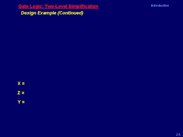 Gate Logic: Two-Level Simplification Design Example (Continued) Introduction X= Z= Y= 2 -5 