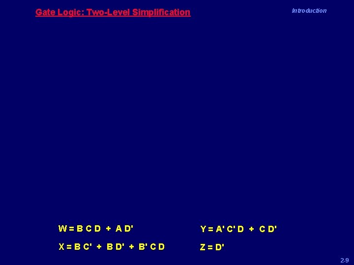 Gate Logic: Two-Level Simplification Introduction W = B C D + A D' Y