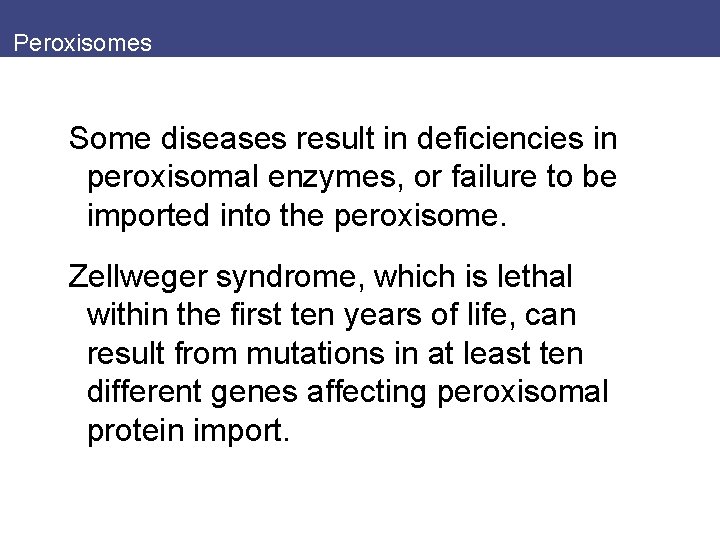 Peroxisomes Some diseases result in deficiencies in peroxisomal enzymes, or failure to be imported